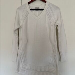 L.L. Bean M 100% Cotton Cable Knit Sweater V-Neck Tunic White Classic